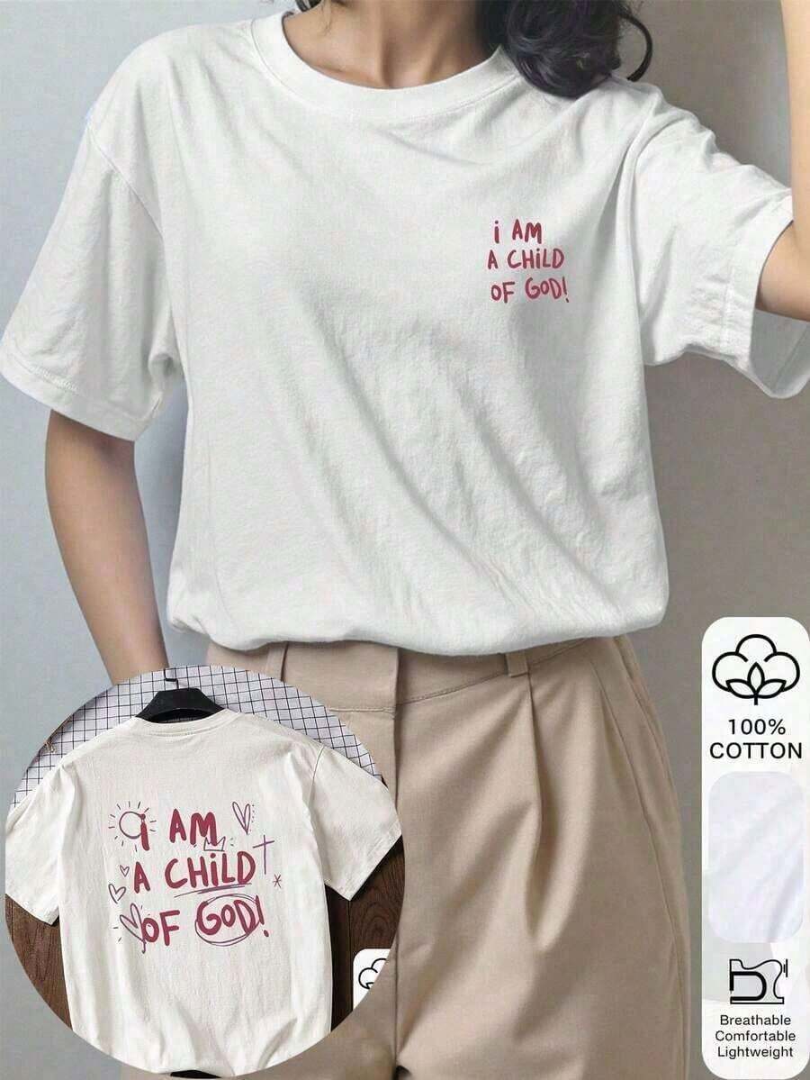 Camiseta Holgada Sencilla Mujer Estilo Moderno Camiseta de manga corta de algodón 100% casual de verano con estampado gráfico "Soy hijo de Dios" para mujer, tela suave, camiseta gráfica, top de verano, camiseta de mujer, atuendo de vacaciones, ropa de viaje, estilo de playa, atuendo minimalista de vacaciones en blancoBreathable and comforte Camiseta Mujer Estampado Gráfico Verano 2026 - Blanco - Ver 1