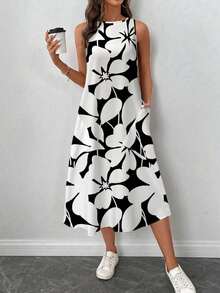 Vestido casual de mujer con estampado floral de cuello redondo y longitud media, adecuado para primavera/verano, apropiado para salir, vestido elegante, casual - Multicolor 2 - Ver 2