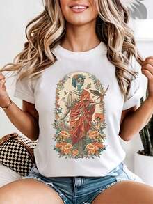 Camiseta de Mujer, Camiseta Casual de Manga Corta con Cuello Redondo, Adecuada para Ocasiones Casuales, de Oficina y Semi-Formales| Lavable a máquina| Top Básico| Cómodo y versátil, adecuado para todo tipo de cuerpos. - Blanco - Ver 1