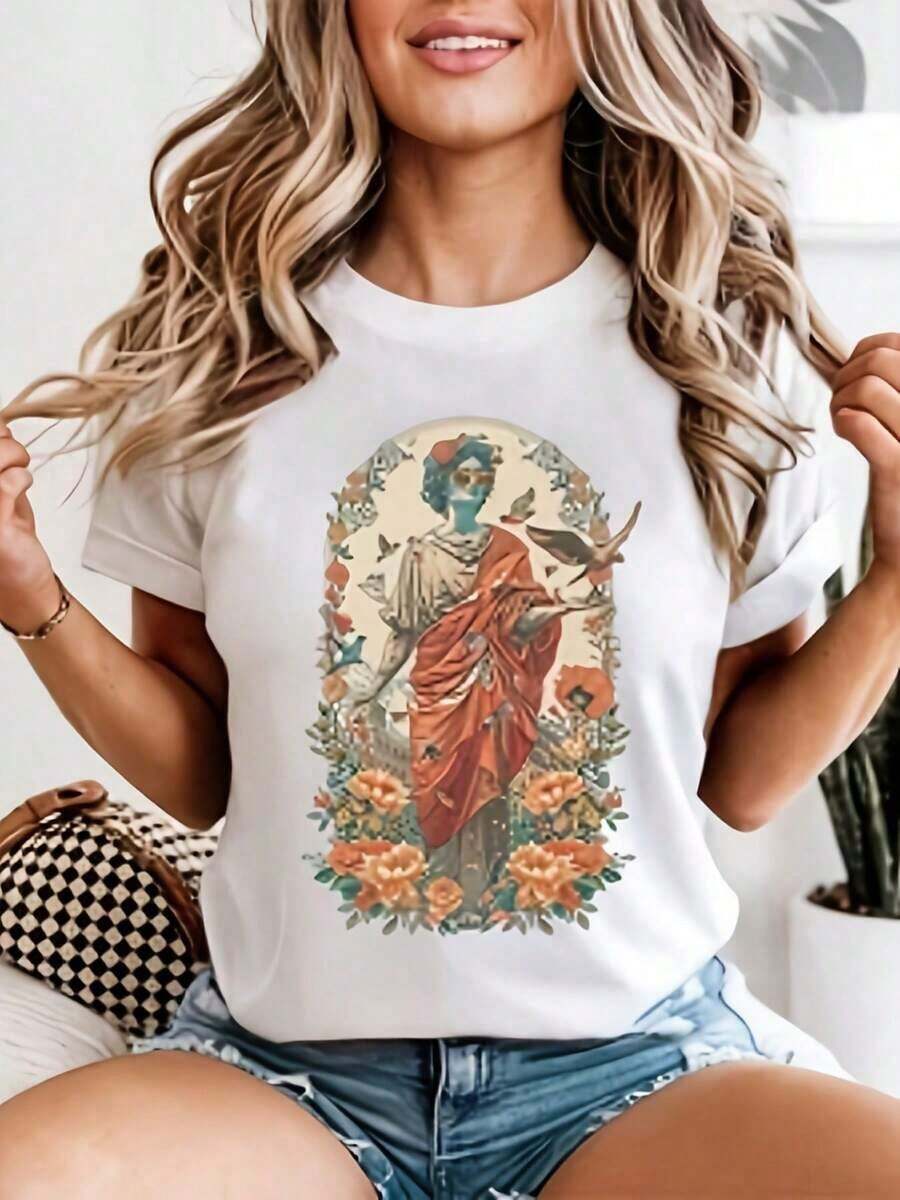 Camiseta de Mujer, Camiseta Casual de Manga Corta con Cuello Redondo, Adecuada para Ocasiones Casuales, de Oficina y Semi-Formales| Lavable a máquina| Top Básico| Cómodo y versátil, adecuado para todo tipo de cuerpos. - Blanco - Ver 1
