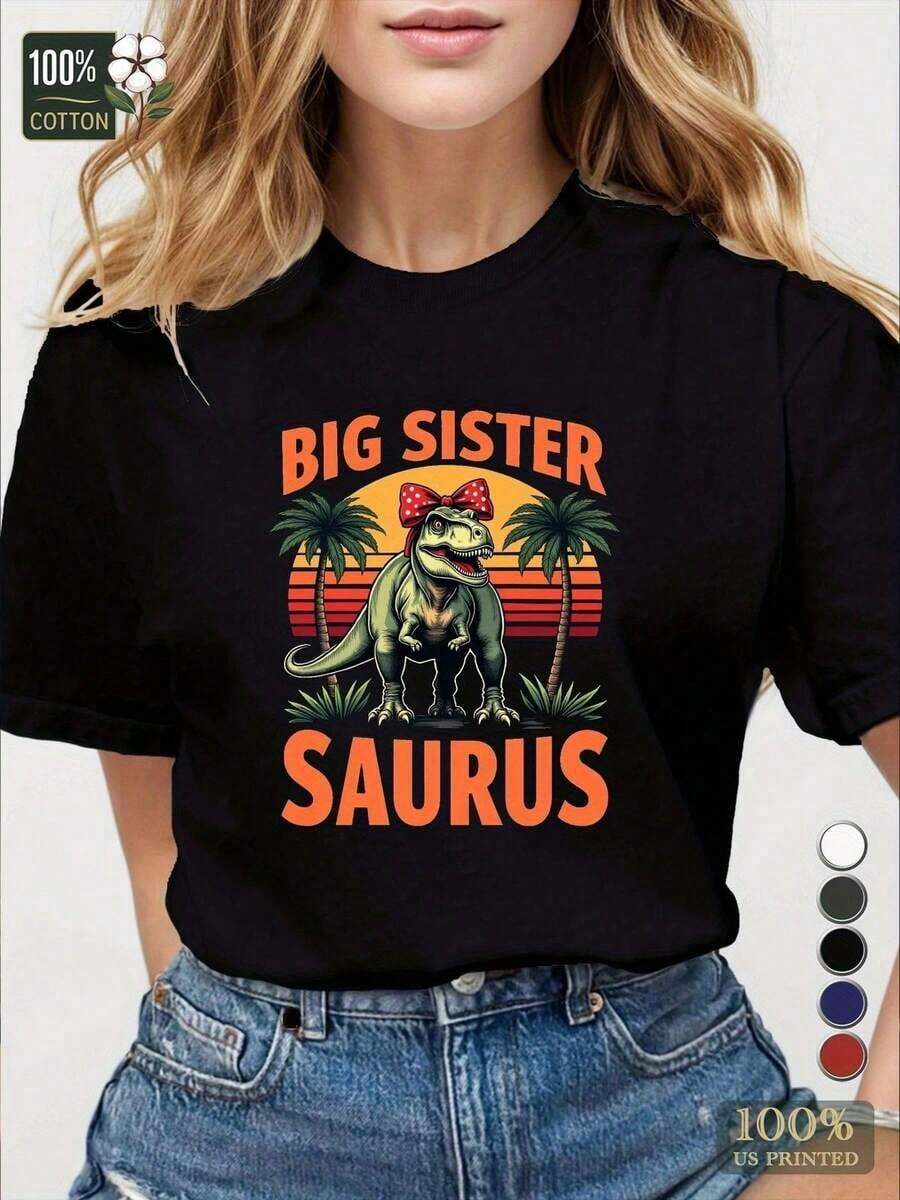 Suave Camiseta divertida 'Hermana Dinosaurio' para mujer + diseño original + estilo informal + perfecta para hermanas mayores + disponible en colores negro, gris, rojo, azul y blanco + moda femenina + camiseta de algodón popular, blusas para mujer>camisa - Negro - Ver 1