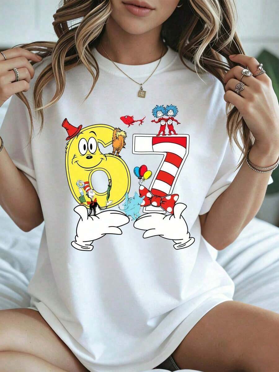 Elegant And Casual Women's Short Sleeve Cotton T-Shirt, D1r Seu1ss Character Print Number 67, White Summer Casual Wear. - 白色 - 查看 1