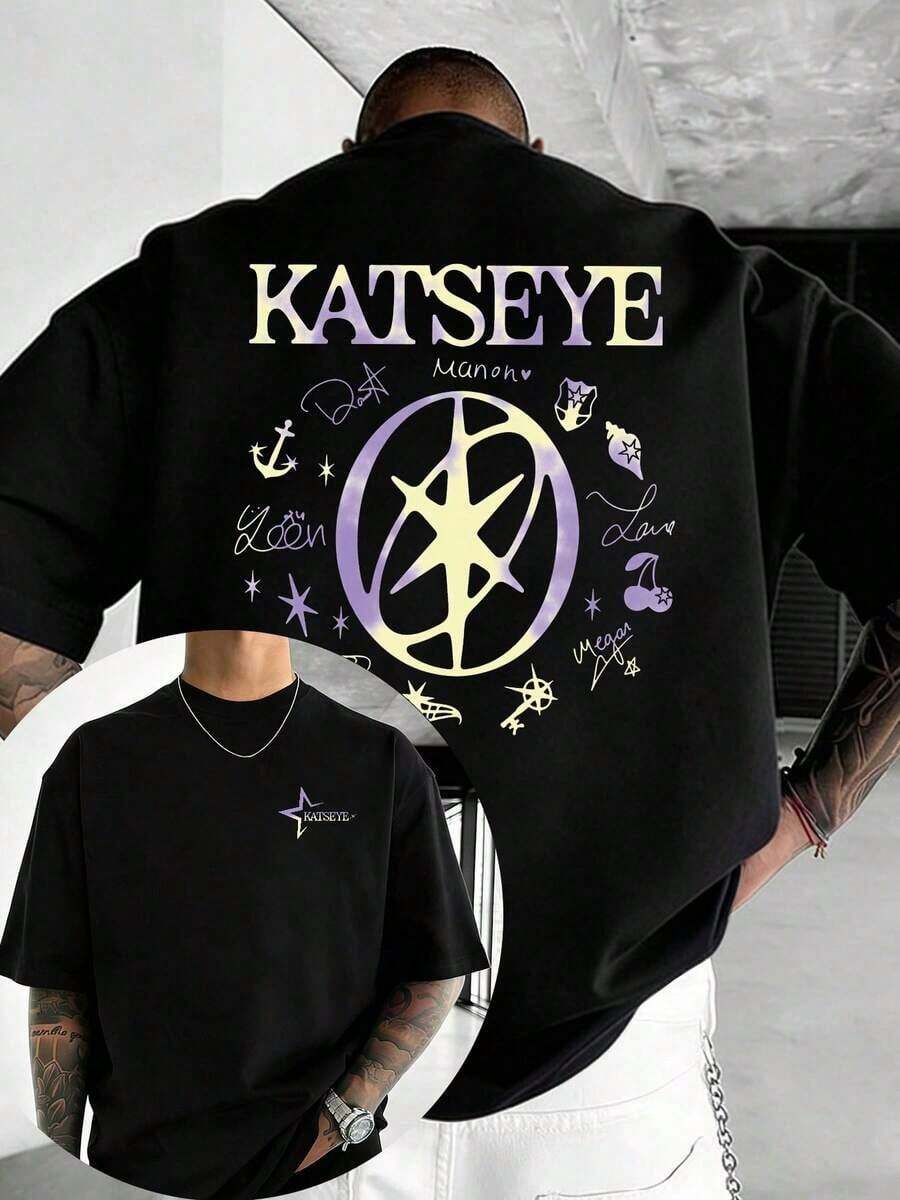 GiftKATSEYE Men's Vintage T-Shirt With Double-Sided Print, Gradient Star And Moon Pattern - High-Quality 100% Pure Cotton T-Shirt, Summer Must-Have, Soft And Breathable, Popular T-Shirt For Everyday Summer Wear, Unisex Y2K Street Hip Hop Style, Beach Essential, Festival Gift, Suitable For Daily Wear And Gifting To Friends, Outdoor Activities, Back To School Gifts, Birthday Gifts, Festival Gifts, Perfect Gift For Friends. - 黑色 - 查看 1