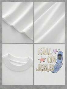 Camiseta de manga corta con estampado digital de doble cara "Call On Jesus", estilo vintage, 1 pieza, para hombre, cuello redondo, 100% algodón, informal, retro, con gráfico religioso. - Blanco - Ver 4