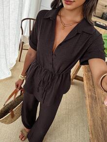 Conjunto de 2 piezas de camisa y pantalones de unicolor con cordón en la cintura, estilo casual de verano - Marrón - Ver 7