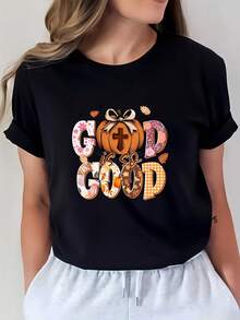 Camiseta de 180g con diseño de calabaza del Festival de la Cosecha de Otoño para un Buen Estado de Mindo |   Ideal para el Día de Acción de Gracias, reuniones familiares y fiestas de oficina. |   Camiseta suave, cómoda y llena de espíritu festivo. |   Una excelente opción de regalo para amigos y colegas. - Negro - Ver 8