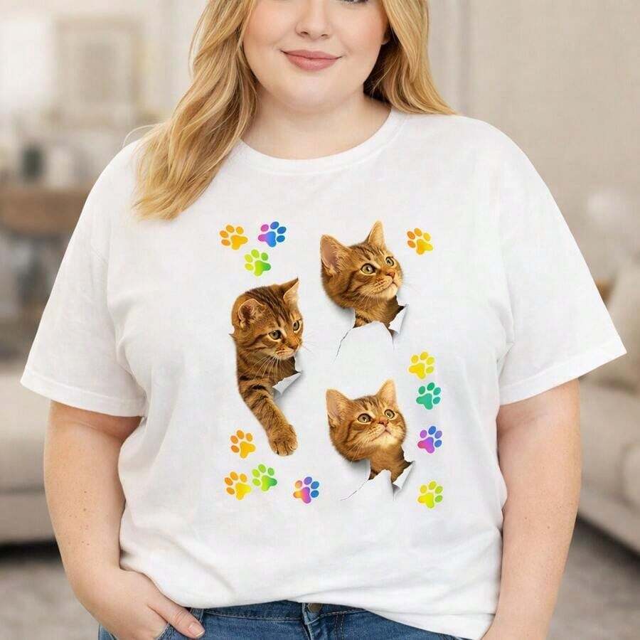 Camiseta de algodón casual para mujer, camiseta oversize con estampado de gatito en 3D y huellas de patas coloridas, top de manga corta de corte holgado para uso diario, camiseta básica suave y cómoda para amantes de los gatos. - Blanco - Ver 1