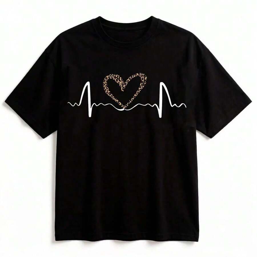 Camiseta de Cuello Redondo con Estampado de Corazón y Latidos para Mujer, Camiseta Casual de Manga Corta para Verano, Ropa de Mujer para Uso Diario, Top de Moda Femenina - Negro - Ver 1