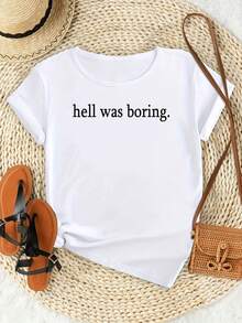 Camiseta deportiva casual holgada y ligera para mujer, con estampado "Hell was Boring", de manga corta y ajuste cómodo, una prenda casual elegante y transpirable para uso diario en verano. - Negro - Ver 7