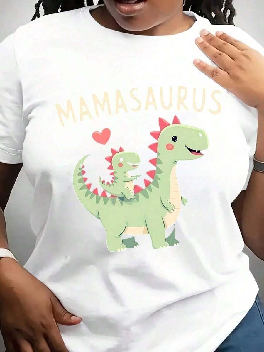 Camiseta de Mujer con Estampado de Dinosaurio Mamasaurus y Corazón - Verde Vibrante, Manga Corta, Cuello Redondo, Estilo Casual, Lavable a Máquina, para Verano y Primavera, Ropa de Dinosaurio, Camiseta para Uso Diario, Pla - Blanco - Ver 1