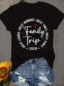 Camiseta de cuello redondo para mujer para viajes familiares con estampado de corazones, transpirable, de manga corta, corte holgado, para vacaciones familiares, conjuntos de reunión, camisetas a juego para grupos, ropa casual para toda la familia. - Negro - Ver 1
