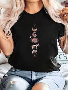 Colección de moda con motivos lunares y florales: Flores ocultas en la luna, paisaje romántico y de ensueño, camiseta con estampado romántico y de ensueño, copia png, tallas 0 a 5XL, camiseta de manga corta, cuello redondo, estilo pullover, adecuada para todas las estaciones, regalo perfecto para ocasiones casuales, deportivas y de moda. - Negro - Ver 6