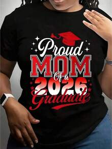 1 pieza Camiseta negra con estampado "Mamá Orgullosa" para mujer, camisetas, top blanco, camisetas gráficas para mujer, camiseta unisex casual de cuello redondo, tela ligera, lavable a máquina, para graduación de primavera/verano/otoño, Día de la Madre, Año Nuevo, 180g Algodón 100%. - Negro - Ver 8