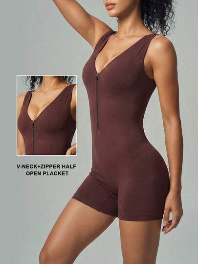 UONNOU Bộ jumpsuit nữ màu hồng đào cổ chữ V sâu, khóa kéo nửa thân trước, xẻ tà, nâng hông, ôm eo, hở lưng gợi cảm, thích hợp cho tập thể dục, yoga, thể thao, mặc hàng ngày, phong cách sinh viên, mùa xuân/hè.