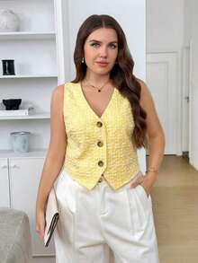 Blusa casual de mujer talla grande de cuello en V de una sola hilera con rayas y sin mangas - Multicolor 2 - Ver 6