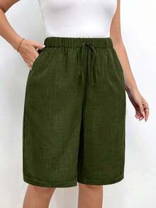 Pantalones cortos holgados de lino de talla grande para mujer, de unicolor, con bolsillo y lazo en la cintura, pantalones cortos anchos y de pierna ancha, pantalones cortos modestos para vacaciones y verano, color negro - Verde militar - Ver 6