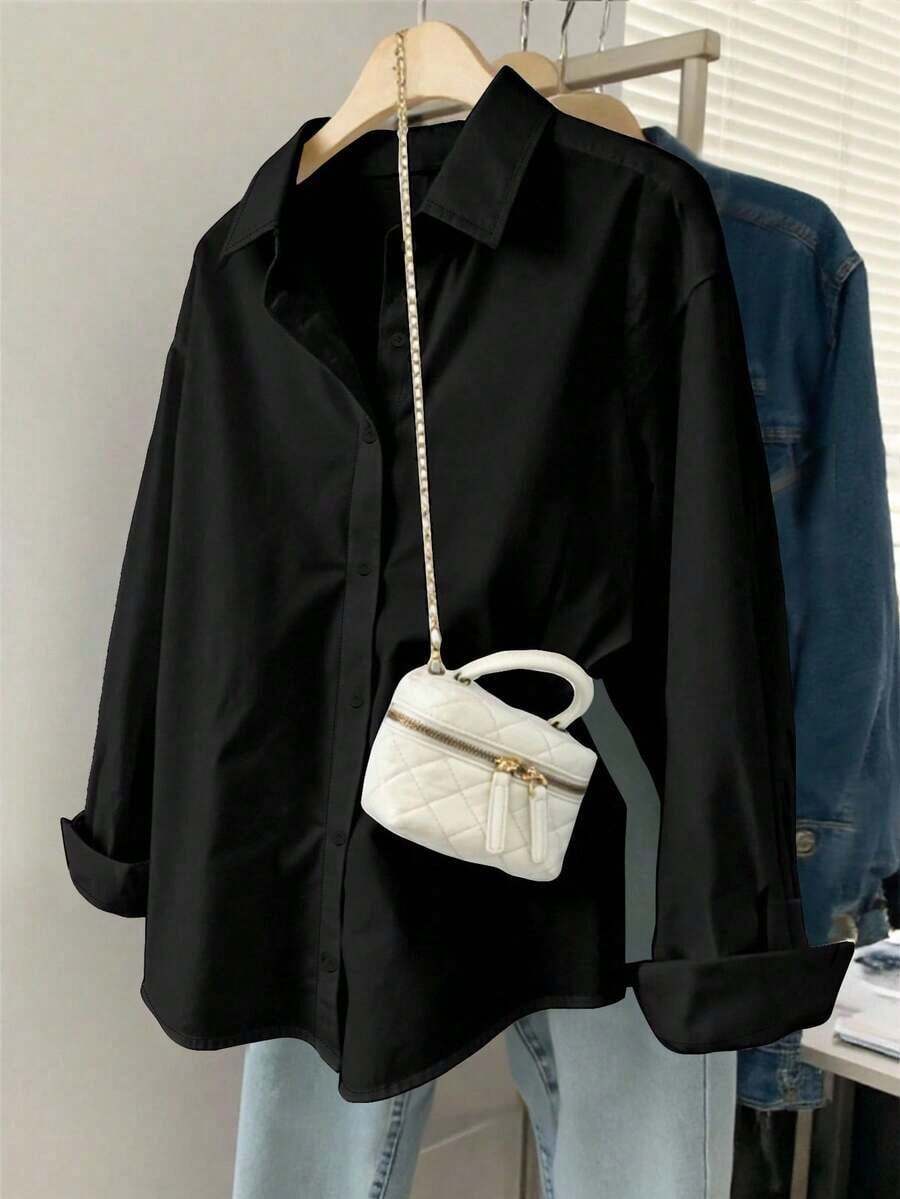 Camisa casual/de trabajo de manga larga, de un solo pecho y de unicolor para mujer de talla grande - Negro - Ver 1