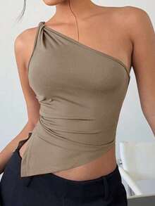 Top elegante de un hombro con un giro en color rojo burdeos delgado para mujer - Caqui - Ver 11