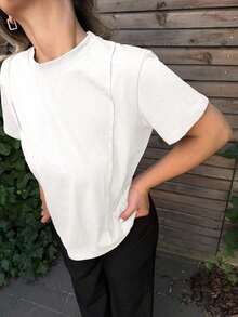 Blusa con detalle de costura sólida, estilo casual de negocios para mujer, ropa de trabajo - Blanco - Ver 3