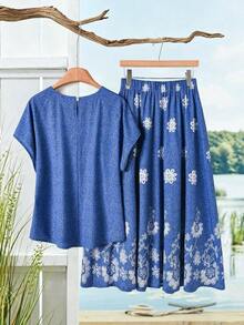 2 piezas Conjunto de top casual de unicolor + falda con estampado geométrico blanco y negro para vacaciones de mujer, Conjunto de ropa de verano para mujer, Conjunto de falda y top de verano, Conjunto de falda y top de mujer, Conjunto de falda - Azul 2 - Ver 2