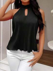 Camiseta sin tirantes de mujer con cuello halter, frente hueco y plisado en color solido - Negro - Ver 3