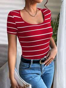 Camiseta de rayas de cuello scoop - Rojo - Ver 4