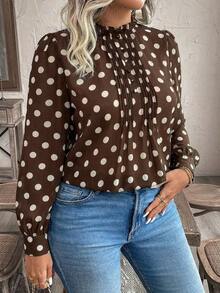 Blusa elegante de talla grande para mujer 2025 con encaje jacquard, parches y mangas con volantes, cintura ceñida y silueta evasé, adecuada para volver al colegio, graduación, vacaciones, San Valentín, festivales de música, Día de la Madre, Hallow - Marrón 4 - Ver 6