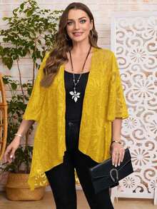 Chaqueta casual de apertura frontal con mangas 3/4 de jacquard para mujer de talla grande, para atuendos de vacaciones de otoño/invierno, atuendos de primavera, ropa de verano, vestidos de primavera, atuendos de primavera, ropa de primavera par - Amarillo - Ver 5