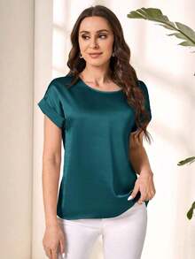 Blusa suelta elegante de verano para mujer con cuello redondo, mangas cortas tipo murciélago y unicolor - Blusas de manga corta - Verde Oscuro - Ver 6