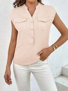 Camisa casual de mujer de manga corta con bolsillo, cuello en V con muesca y unicolor para uso laboral - Albaricoque - Ver 6