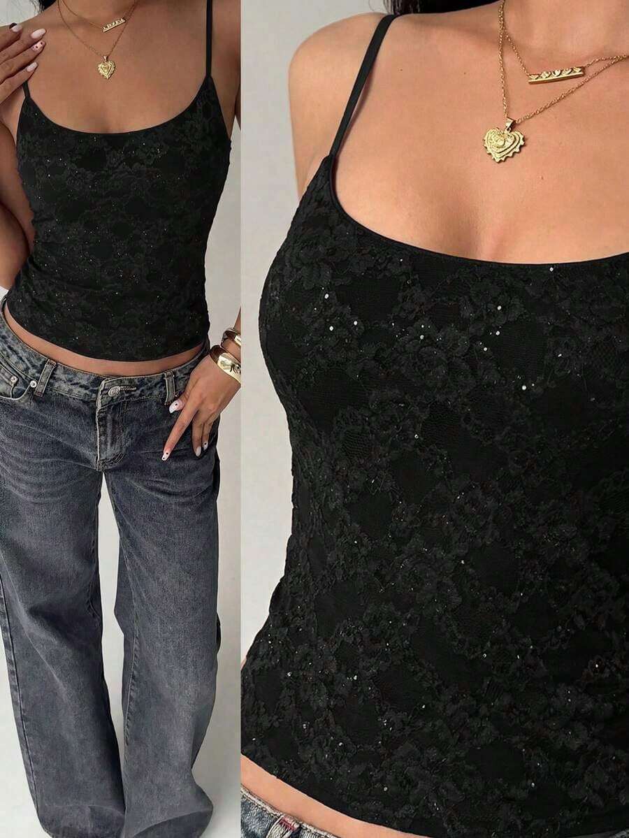 Camiseta de mujer nueva con encaje y aplicación de lentejuelas, ropa de calle sexy - Negro - Ver 1