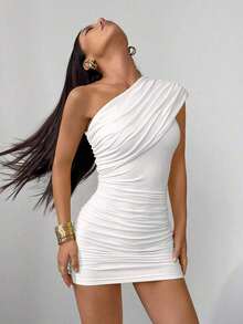 mini ajustado con pliegues de unicolor para mujer, atuendos de verano y club, sexy - Blanco - Ver 7