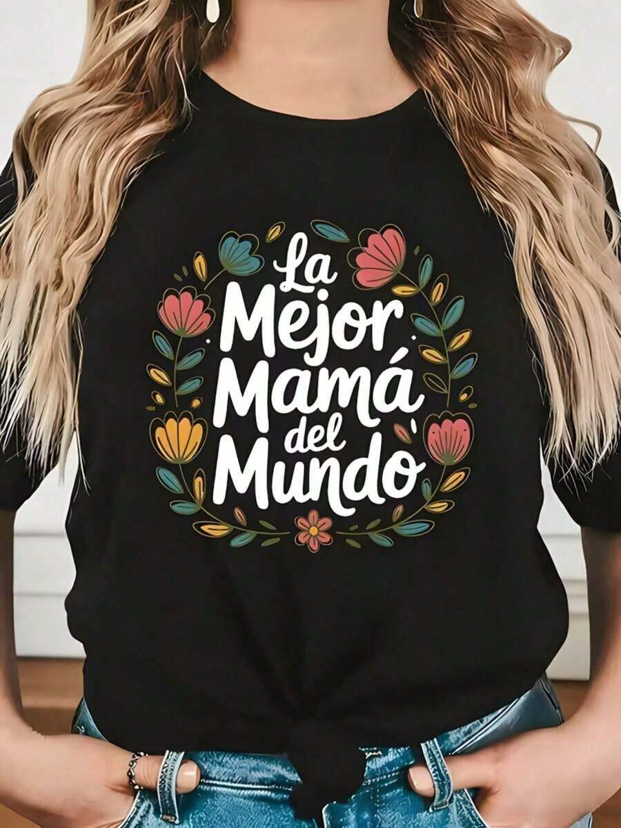 Camiseta de manga corta para mujer, nueva colección primavera-verano 2026, con diseño estampado, versátil para uso diario, adecuada para ocasiones de oficina y casuales. Cada pieza está empaquetada individualmente. - Negro - Ver 1