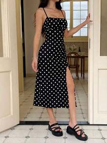 Vestido camisero elegante de mujer con tirantes finos, espalda descubierta, pliegues y abertura alta en la falda - Negro - Ver 4