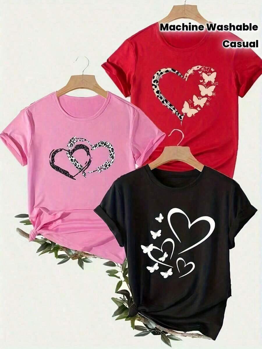Single Item, Not A 3-Piece Set. Set Of 1. Three-Piece Set Of T-Shirts With Heart-Shaped Ring And Butterfly Letter Prints. Women's Casual Short-Sleeve Crew Neck Top Set, Spring/Summer. Y2k T-Shirt, Suitable For Labor Day And Mother's Day. - 黑色 - 查看 1