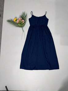 Vestido de fiesta elegante de verano con cuello en U, drapeado y bajo acampanado de unicolor - Azul marino - Ver 8