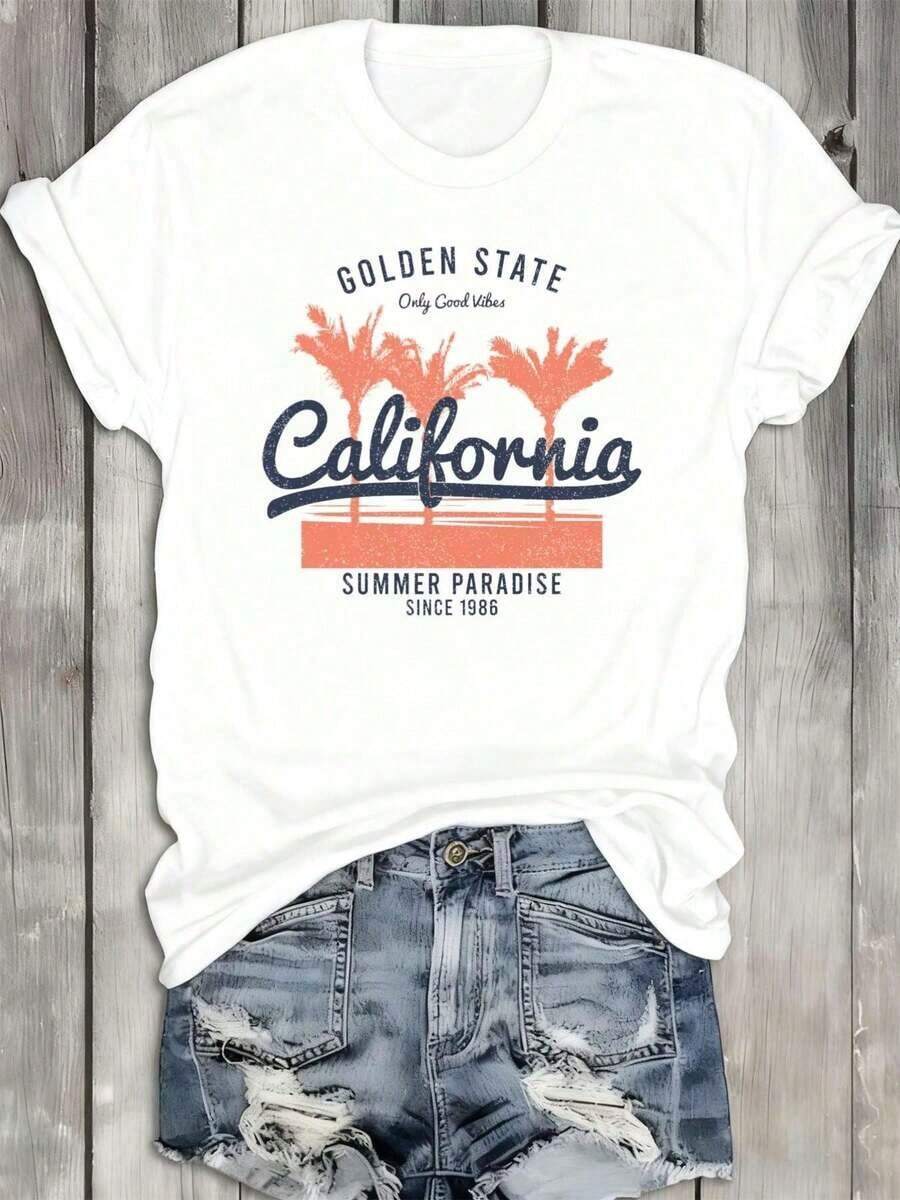 Women's 100% Cotton California Style T-Shirt With Los Angeles Design - Heavyweight 180 G/M² White T-Shirt With Golden State And LA Letter Designs, Casual Urban Style, Short Sleeve And Round Neck, Suitable For Casual Wear, Hip-Hop Style And California Themed Outfits. - 白色 - 查看 1
