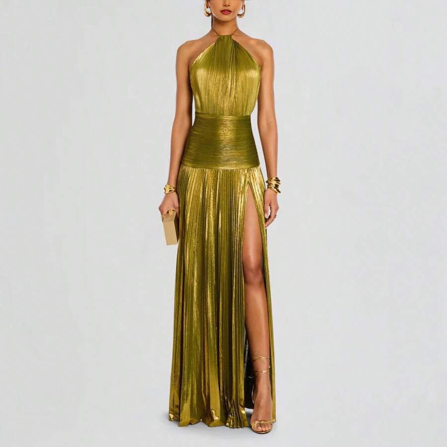 Metallic Pleated Halter Maxi Dress, Ruched Waist With Front Slit, Elegant Evening Gown For Prom & Weddings - Gold - View 1
