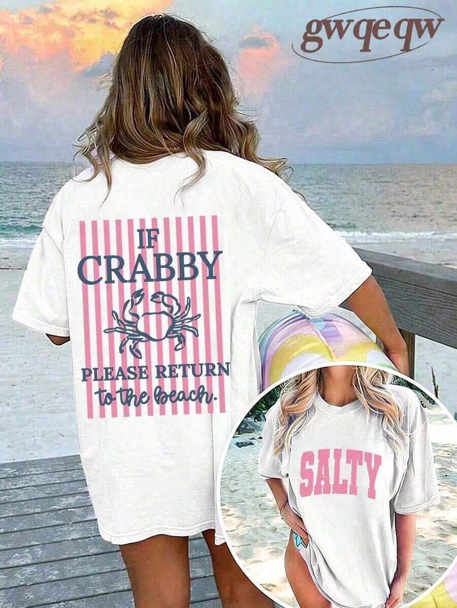 Women's Graphic T-Shirt "If You're Grumpy, Please Go Back To The Beach" With Salty Print, 100% Cotton, Double-Sided Print, Casual Summer Style, Plus Size | Summer Clothes | Vacation Clothes - 100% Cotton - 白色 - 查看 1