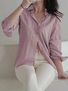 Blusa holgada y versátil de unicolor para mujer, prenda de vestir de otoño con manga larga - Morado - Ver 5