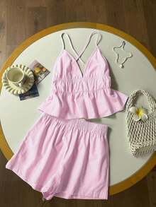 xheComfortcana Conjunto informal de camiseta de tirantes y pantalones cortos con estampado de corazón tejido y cuadros en rojo para mujerxhe - Rosa - Ver 6