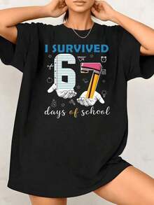 Soft Playera minimalista moderna 1 pieza Camiseta divertida para profesoras con estampado gráfico retro vintage "Sobreviví 67 días de escuela" 100% algodón Cuello redondo Camisetas gráficas para mujer pattern - Negro - Ver 7
