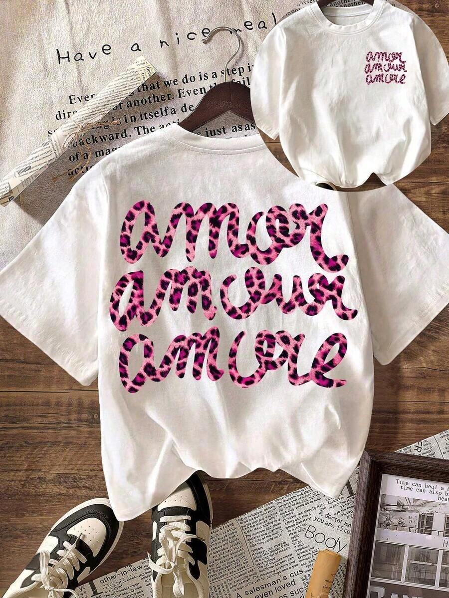 1 Piece Fashion Casual T-Shirt For Men And Women, Round Neck, Short Sleeve, Leopard Print "More Love", Autumn Clothes, Versatile For Back To School Season, Easy To Match, Daily Wear, Urban Style, Vacation Outfit, Weekend Outfit. - 白色 2 - 查看 1