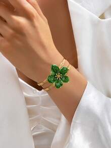 1pc Fashionable Elegant Artificial Drip Oil White & Orange With Pink + Green Five-Petal Flower Open Bangle Bracelet, Suitable For Daily And Holiday Wear, An Excellent Gift Choice (Gift Box Not Included) - Green - View 6