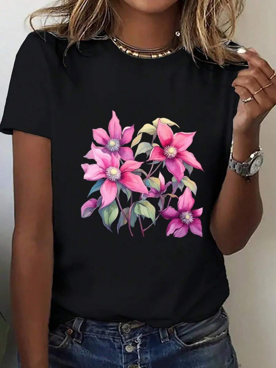 Talla Grande - Camiseta Oversize para Mujer - Top Casual Holgado para Uso Diario, Estampado Floral Rosa Suave, Tela Ligera y Transpirable, Adecuada para Primavera y Verano, Casual, Oficina y Fiesta - Esencial para el Guardarropa Diario, Moda de Verano, Diseño Vibrante, Material Cómodo, Camisa Elegante, Para Entusiastas de la Moda DCL8 - Negro - Ver 1
