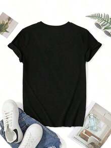 Vintage Women's Western Style Letter Print T-Shirt | "Country" With White Denim Hat Print, Casual Short Sleeves, Machine Washable, Ideal For Festivals, Parties, And Casual Outings. Women's T-Shirt Top > Basic - 黑色 - 查看 2