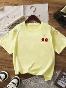 1 pieza de camiseta de verano para mujer con cuello redondo y manga corta, estampado de leopardo y diseño de cerezas, adecuada para verano, playa, calle, uso diario, trabajo, fiesta de oficina, salida, festival, festival de música, Día de San Valentín, fiesta casual, color blanco. - Amarillo - Ver 2