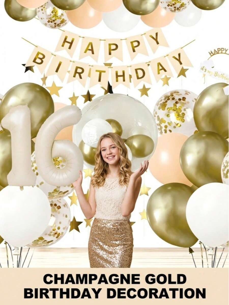 16th Birthday Champagne Gold Birthday Decorations For Women Girls, Beige White Balloons Happy Birthday Balloons Banner Star Garland Birthday Sash Fringe Curtains For Birthday Party Decoration Room Decor Wedding - 16歲生日 - 查看 1