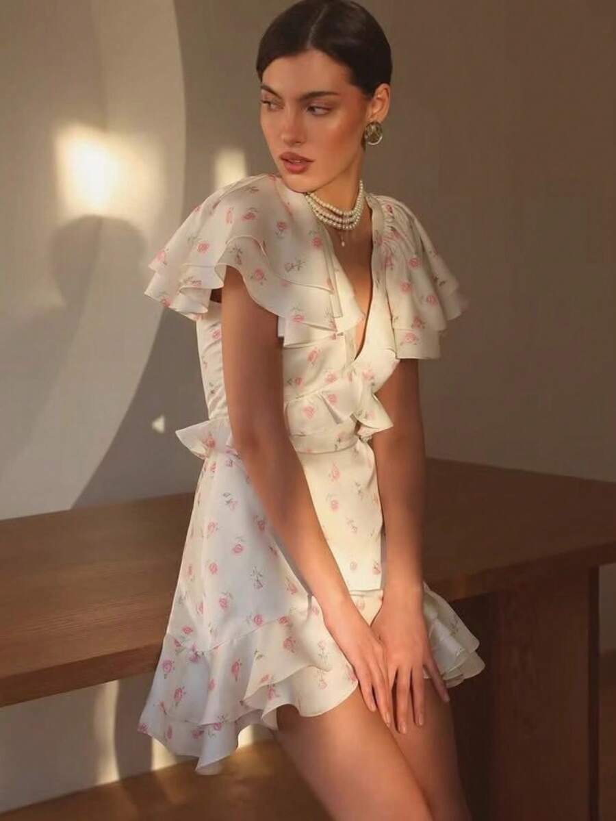 Nuevo Vestido midi cinturado con escote en V y volantes, diseño floral - Blanco - Ver 1