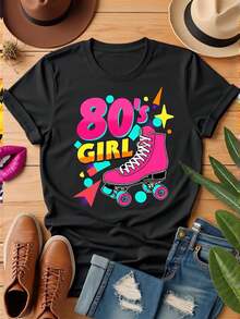 Camiseta de manga corta con estampado de patines retro de los 80 y labios para mujer - Top casual de cuello redondo con estampado de patines retro, adecuado para fiestas de primavera y verano, ropa temática de los 80 para patinar y uso diario - Ajuste cómodo con un estilo nostálgico que evoca el encanto de los años 80. - Especificación - Ver 6